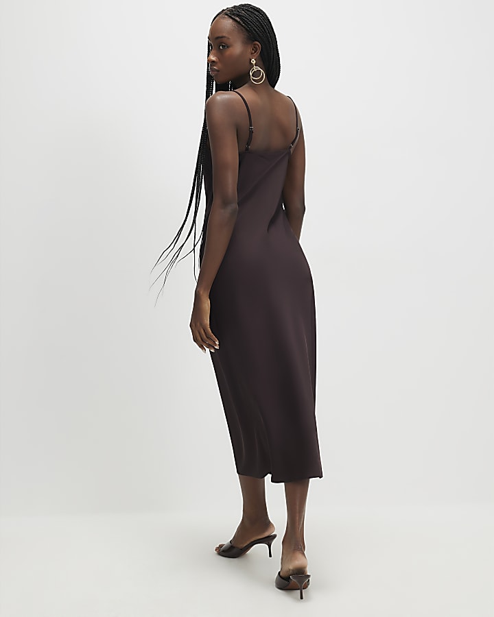 Brown Satin Cowl Neck Lace Trim Midi Dress