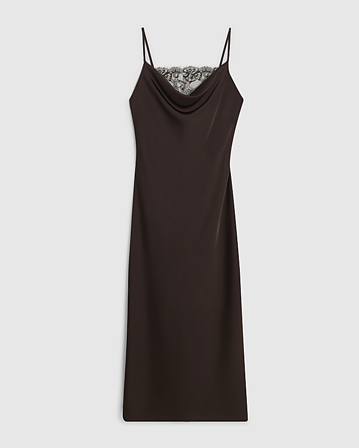 Brown Satin Cowl Neck Lace Trim Midi Dress