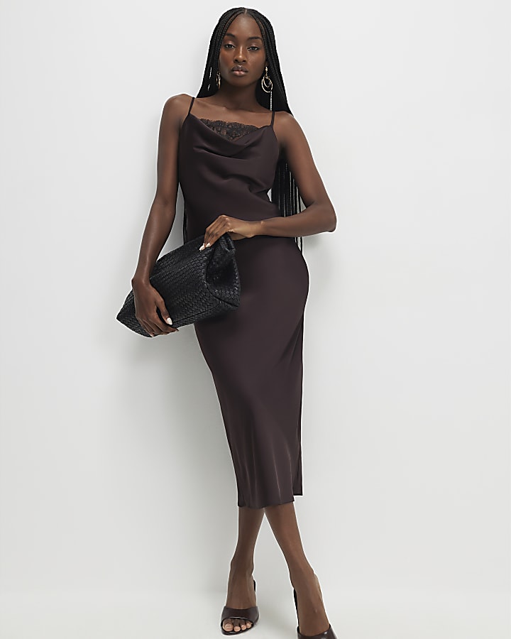 Brown Satin Cowl Neck Lace Trim Midi Dress