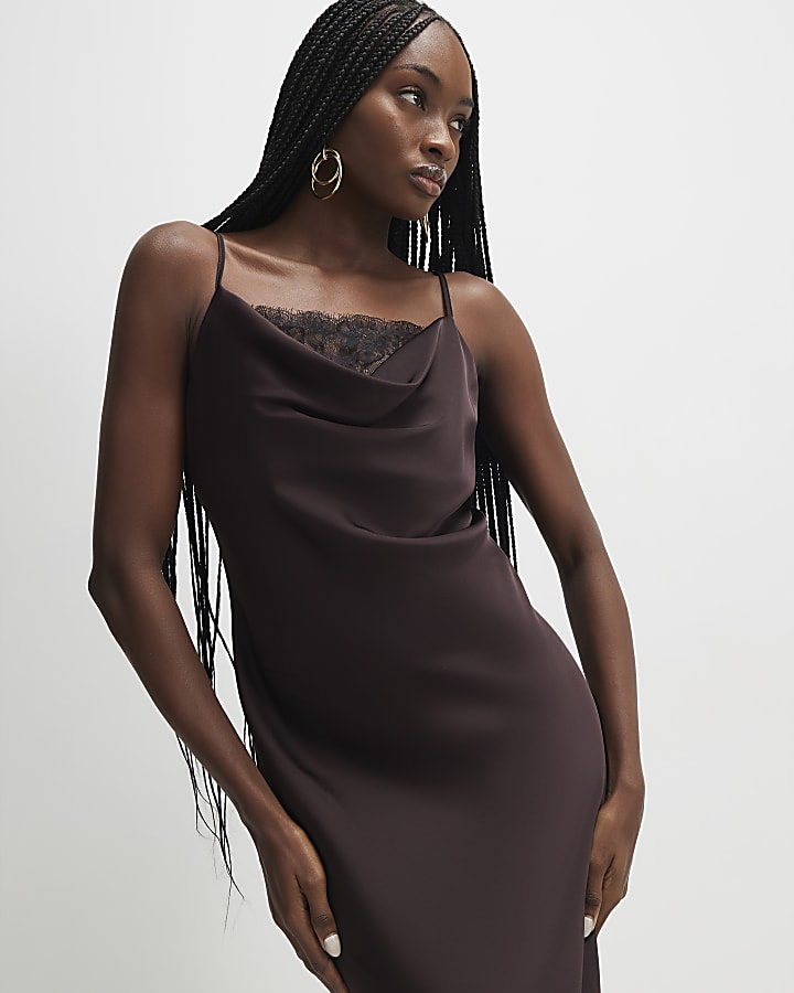 Brown Satin Cowl Neck Lace Trim Midi Dress