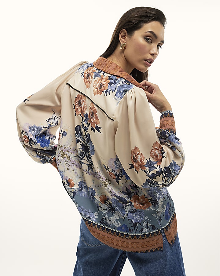 Cream Floral Print Long Sleeve Shirt