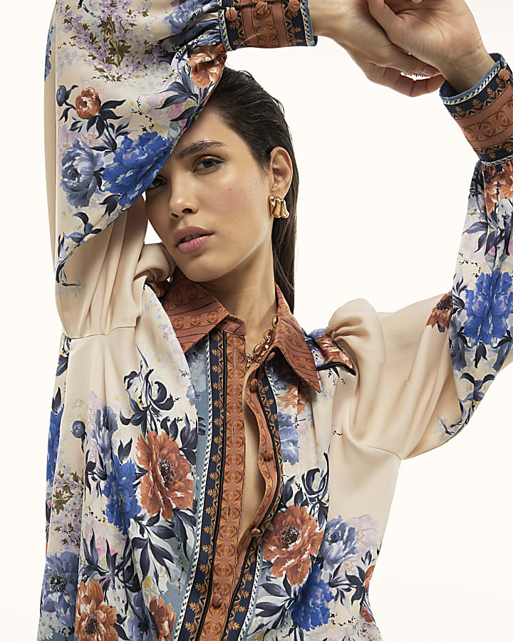 Cream Floral Print Long Sleeve Shirt