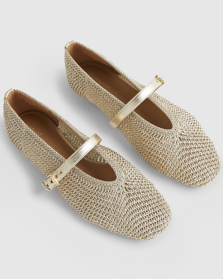 Gold Crochet MaryJane Flat Pumps