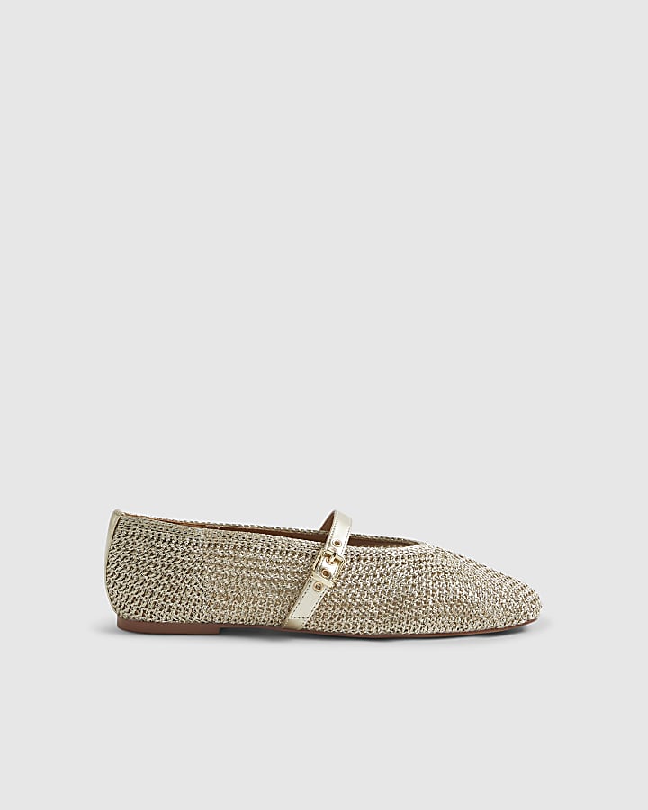 Gold Crochet MaryJane Flat Ballet Pumps