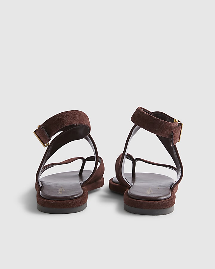 Brown Suede Cross Strap Toe Thong Sandals