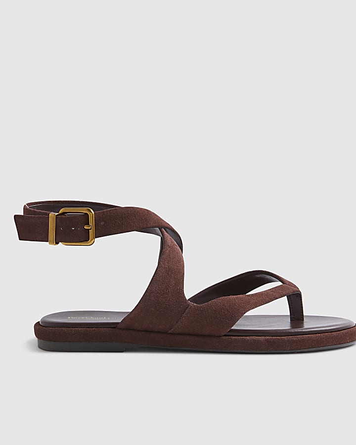 Brown Suede Cross Strap Toe Thong Sandals