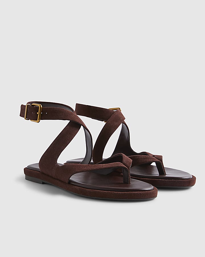 Brown Suede Cross Strap Toe Thong Sandals