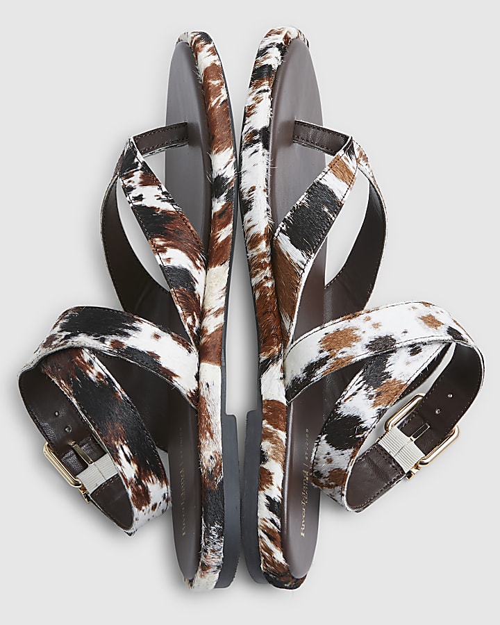 Brown Hair On Leather Cross Strap Sandals