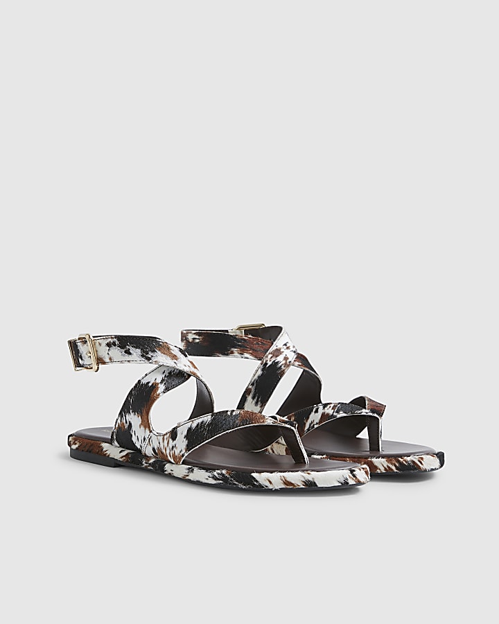 Brown Hair On Leather Cross Strap Sandals