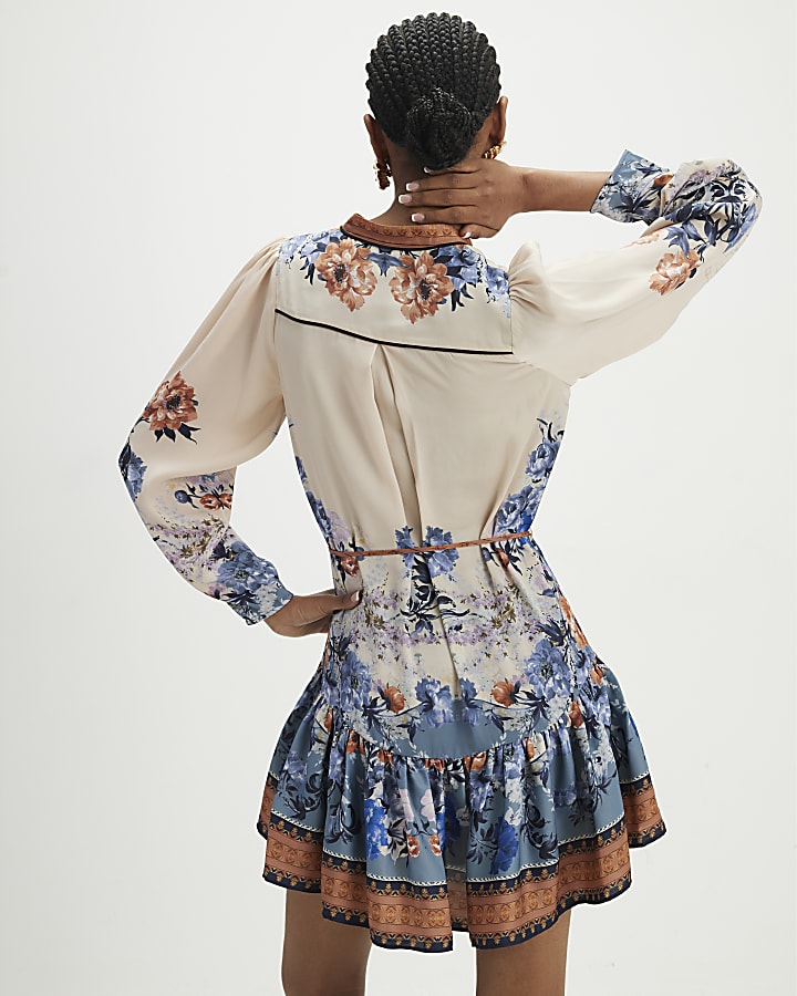 Blue Floral Print Mini Shirt Dress