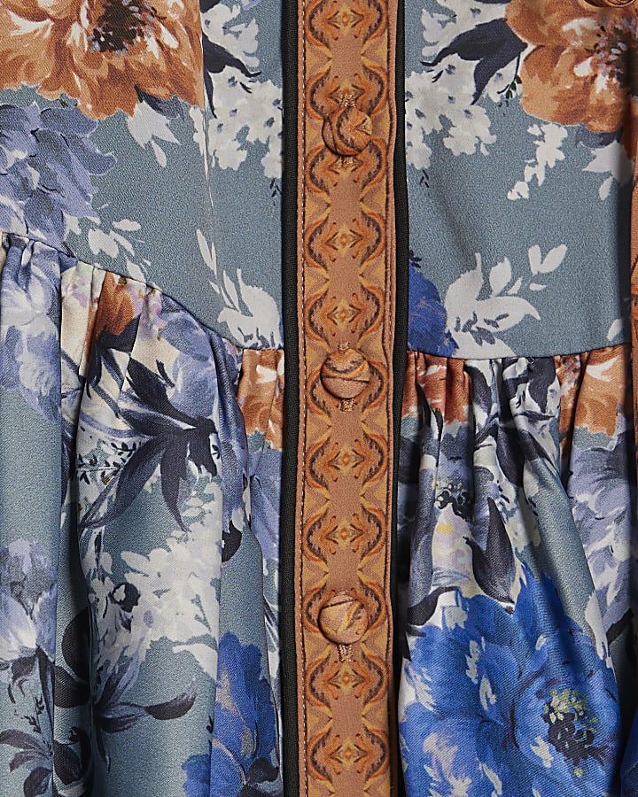 Blue Floral Print Mini Shirt Dress