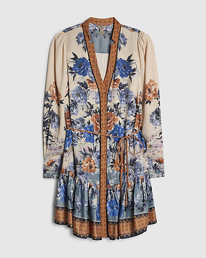 Blue Floral Print Mini Shirt Dress