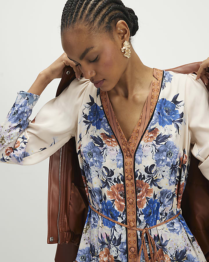 Blue Floral Print Mini Shirt Dress