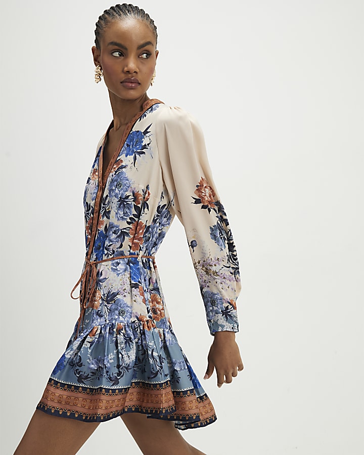 Blue Floral Print Mini Shirt Dress