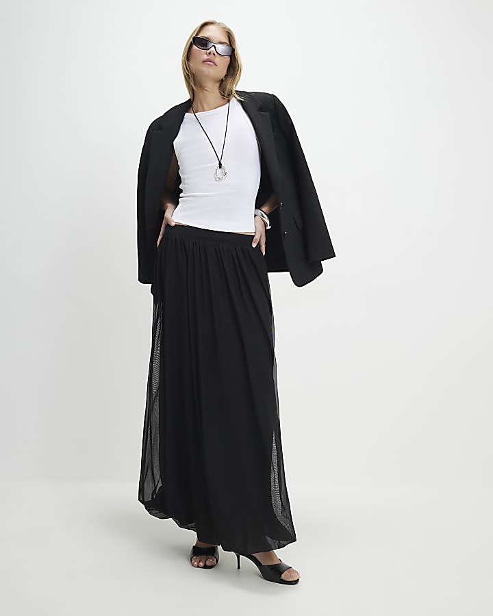 Black Mesh Bubble Hem Midi Skirt