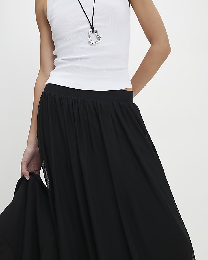 Black Mesh Bubble Hem Midi Skirt