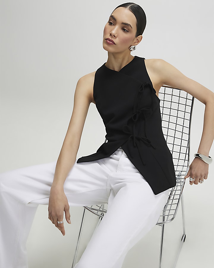 Black Asymmetric Bow Tie Front Waistcoat