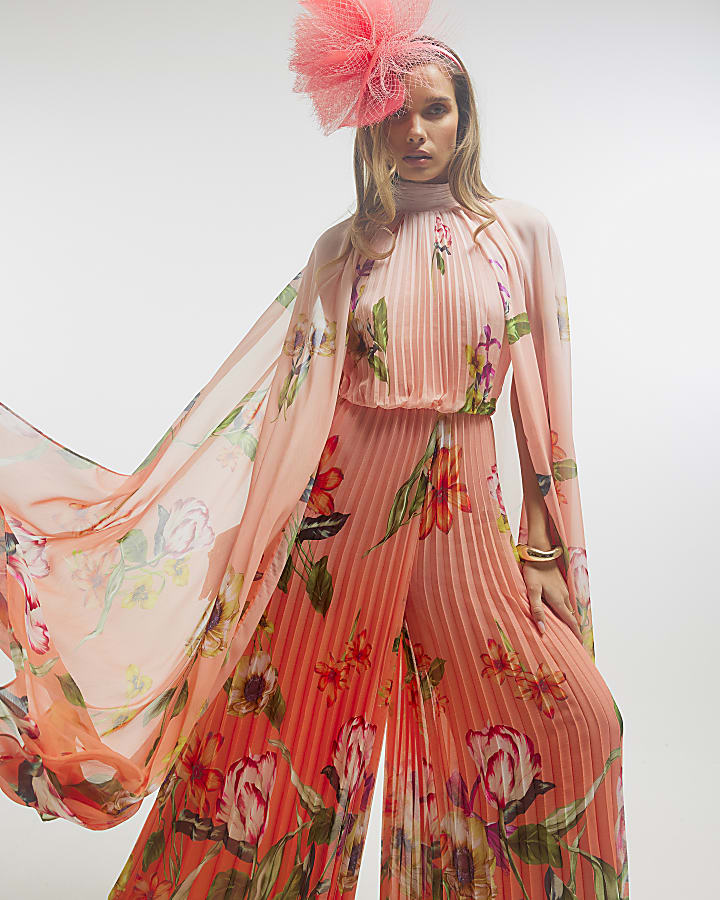 Pink Premium Pleated Cape Jumpsuit