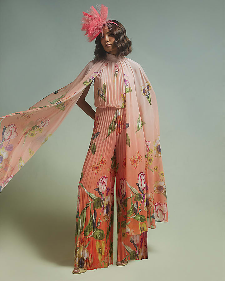 Pink Premium Pleated Cape Jumpsuit