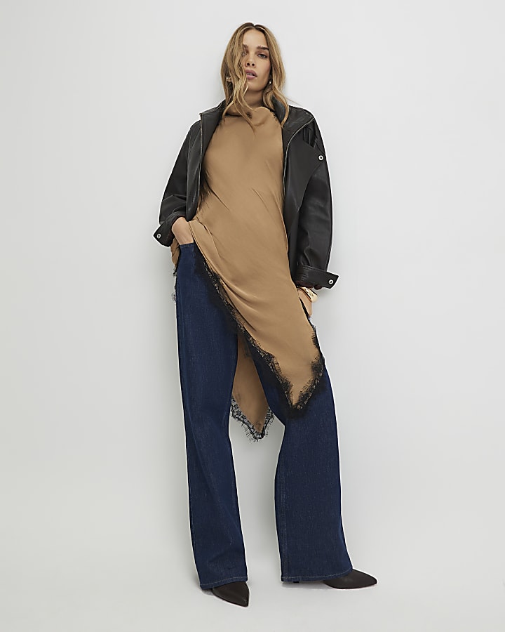 Beige Satin Longline Lace Trim Top