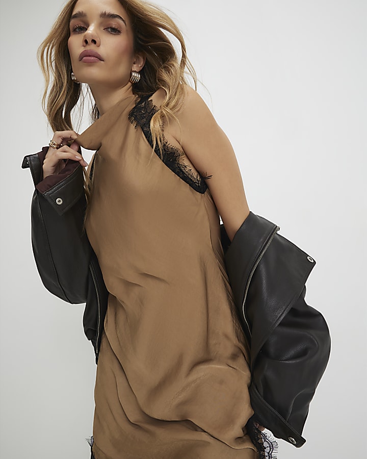 Beige Satin Longline Lace Trim Top