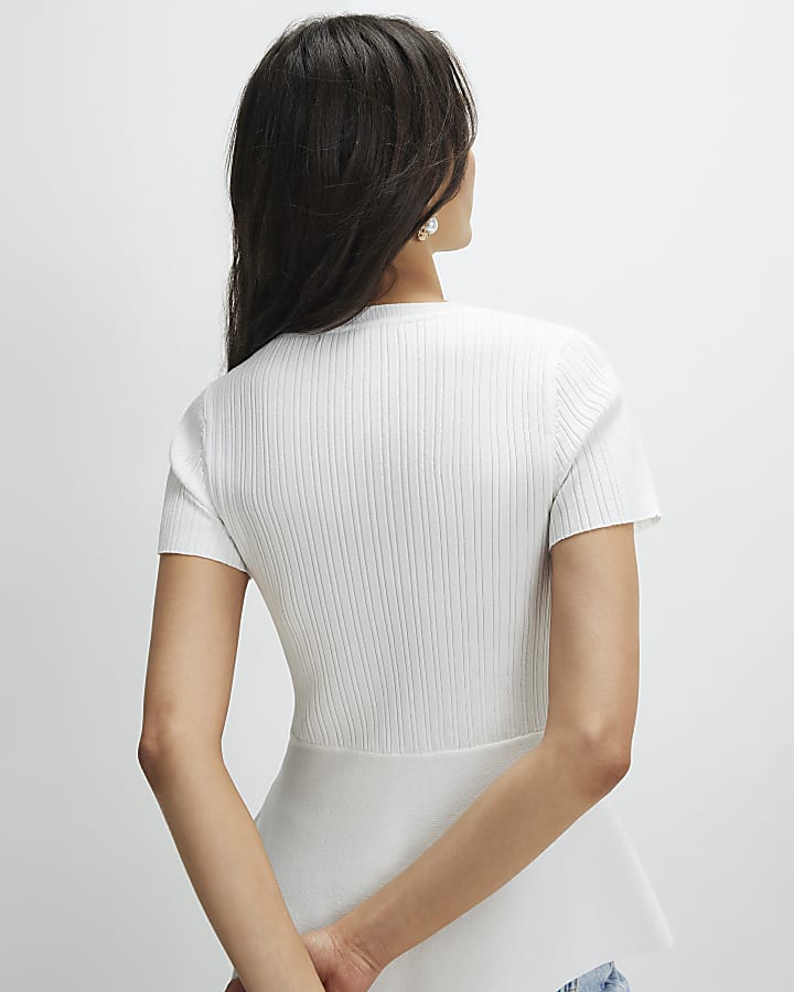 White Peplum Ribbed Knitted Top