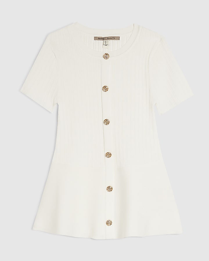 White Peplum Ribbed Knitted Top