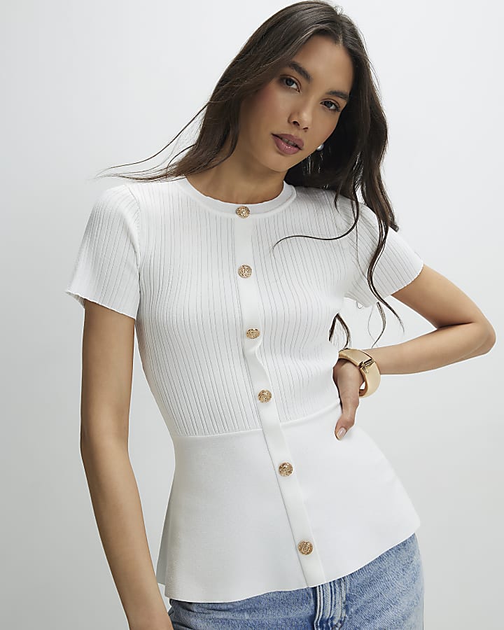 White Peplum Ribbed Knitted Top