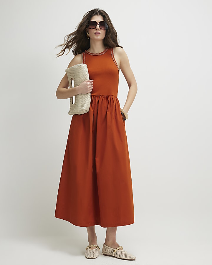 Orange Sleeveless Whipstitch Maxi Dress