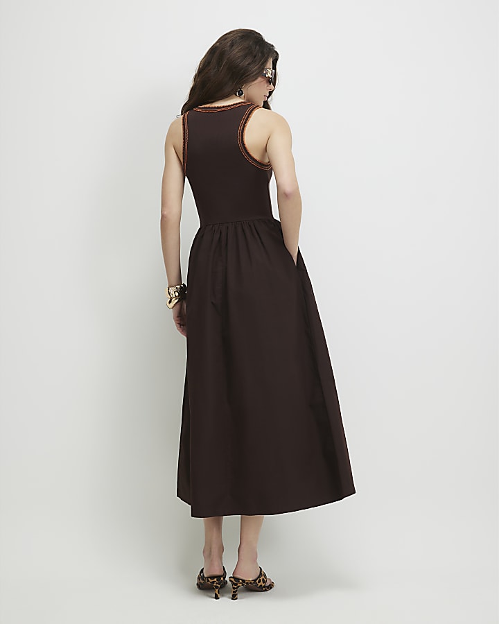 Brown Sleeveless Whipstitch Maxi Dress