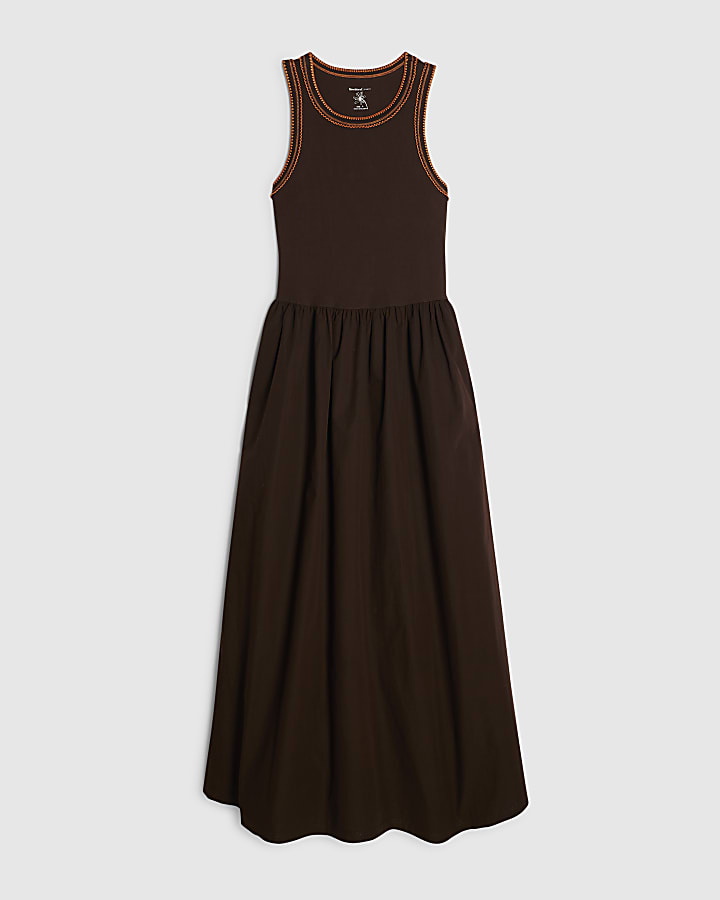 Brown Sleeveless Whipstitch Maxi Dress