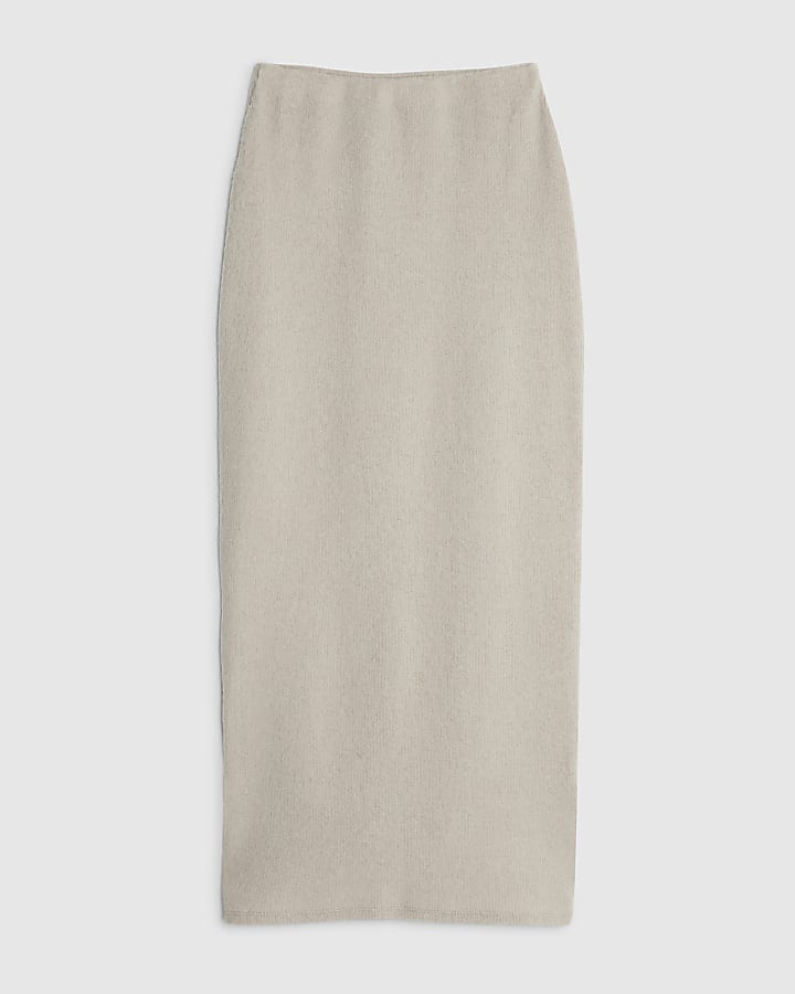 Beige Cosy Ribbed Midi Skirt