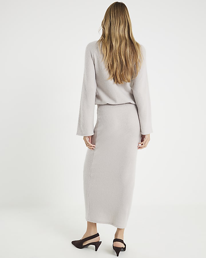 Beige Cosy Ribbed Midi Skirt