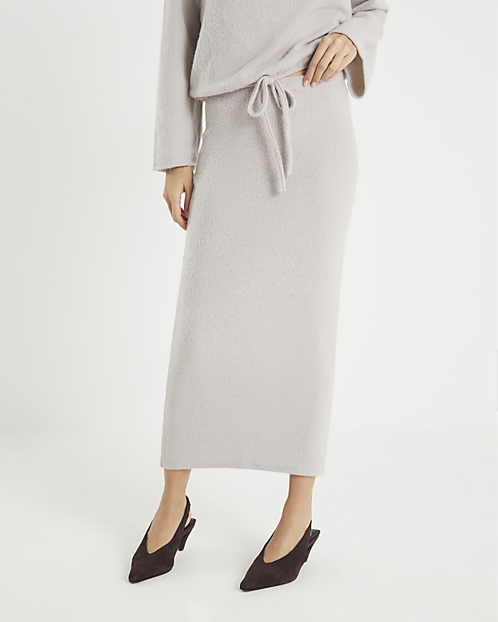 Beige Cosy Ribbed Midi Skirt