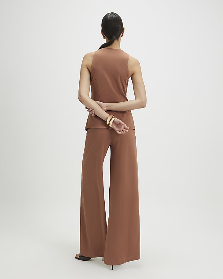 Brown Collarless Asymmetric Jumpsuit
