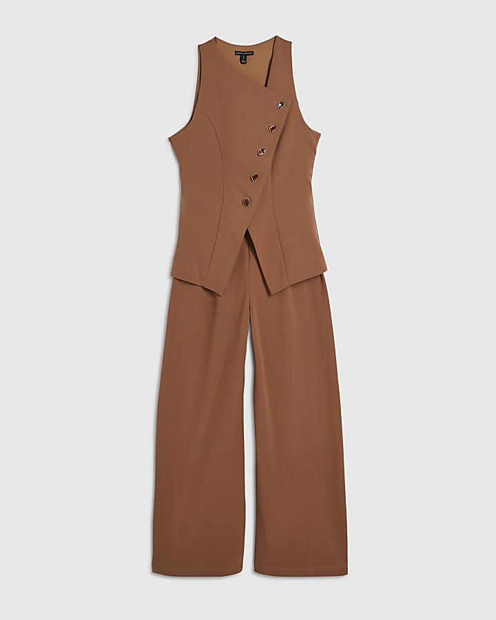 Brown Collarless Asymmetric Jumpsuit
