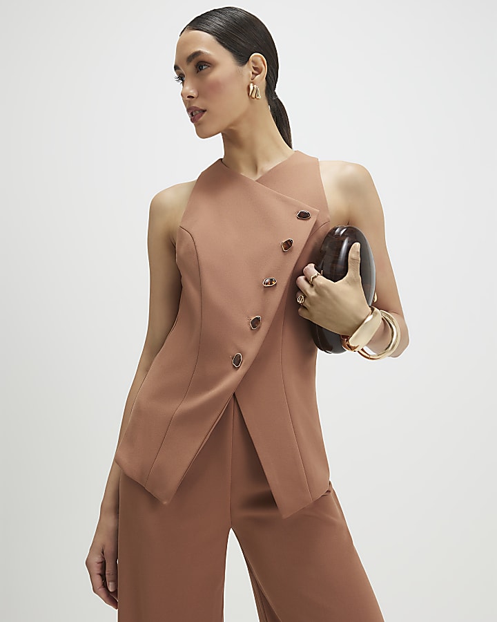 Brown Collarless Asymmetric Jumpsuit