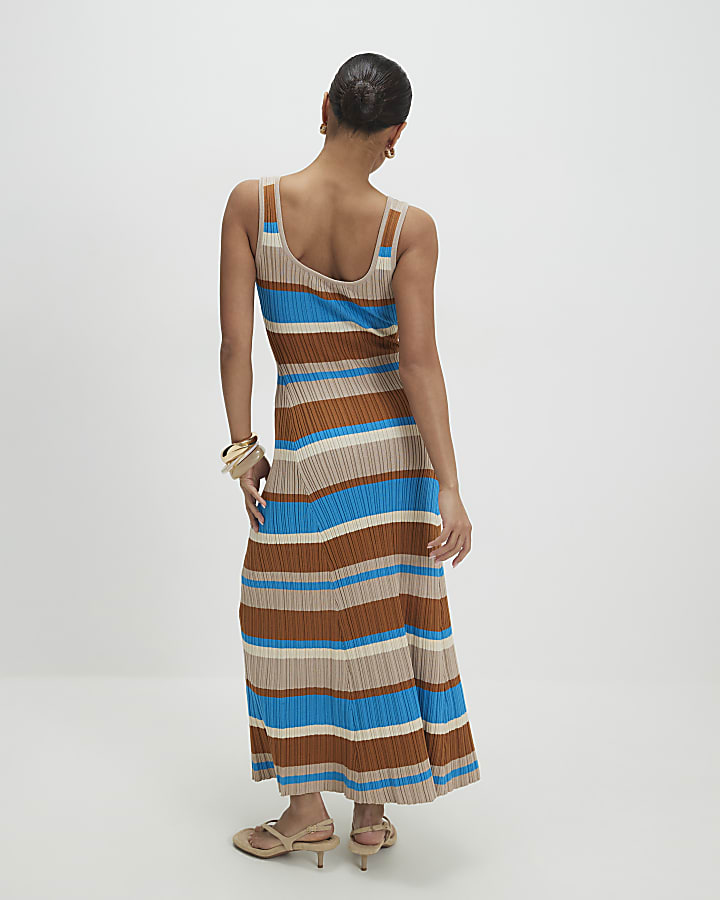 Petite Brown Knitted Striped Maxi Dress
