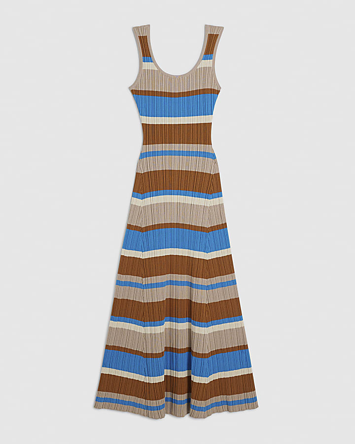 Petite Brown Knitted Striped Maxi Dress