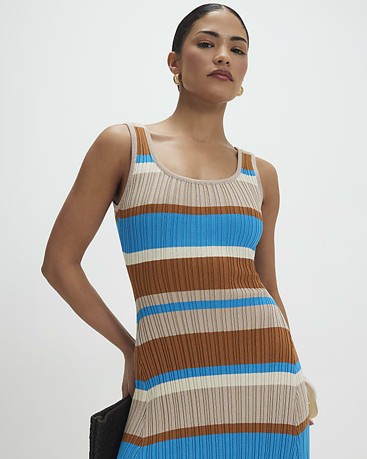 Petite Brown Knitted Striped Maxi Dress