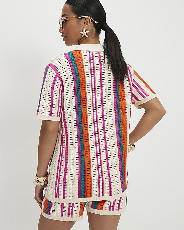 Petite Cream Striped Crochet Shirt