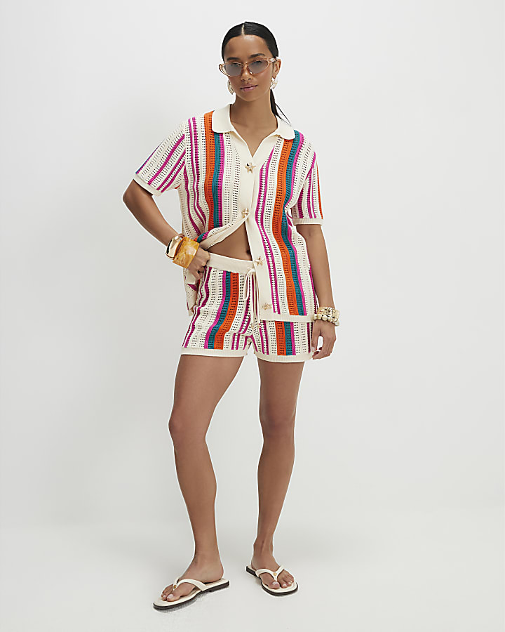 Petite Cream Striped Crochet Shirt