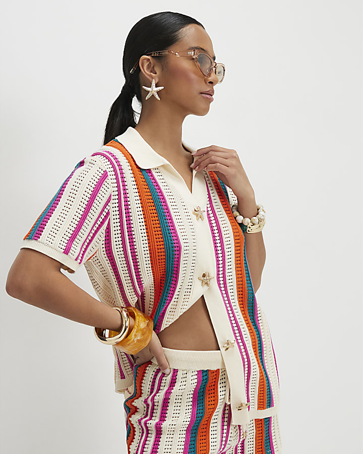 Petite Cream Striped Crochet Shirt