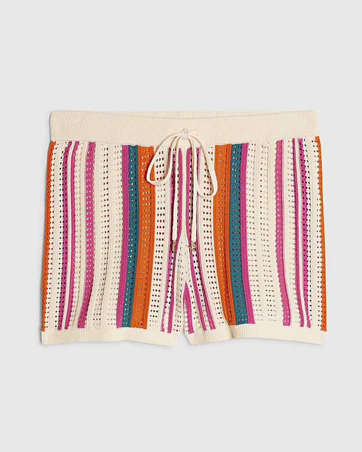 Petite Cream Striped Crochet Shorts