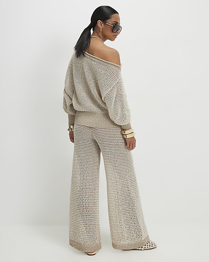 Petite Beige Striped Knitted Trousers