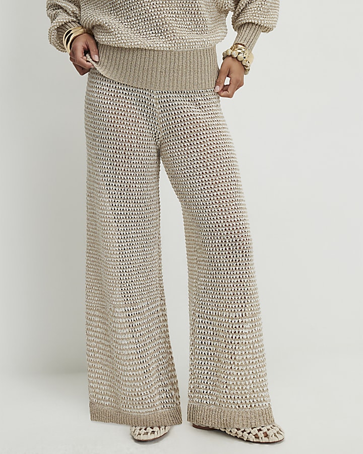 Petite Beige Striped Knitted Trousers