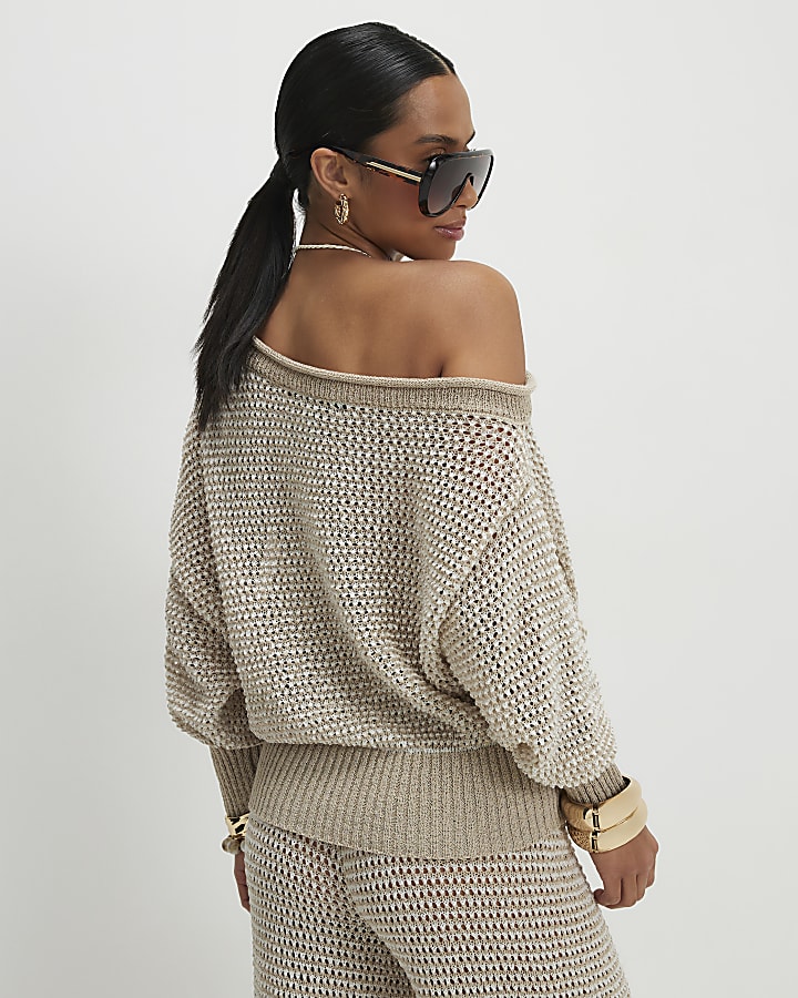 Petite Beige Knitted Off Shoulder Top