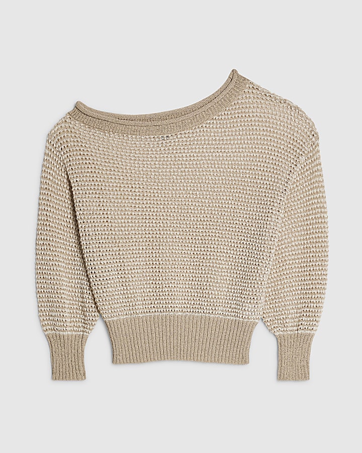 Petite Beige Knitted Off Shoulder Top