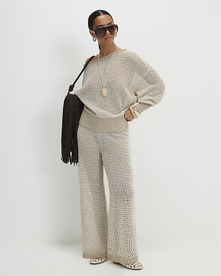 Petite Beige Knitted Off Shoulder Top