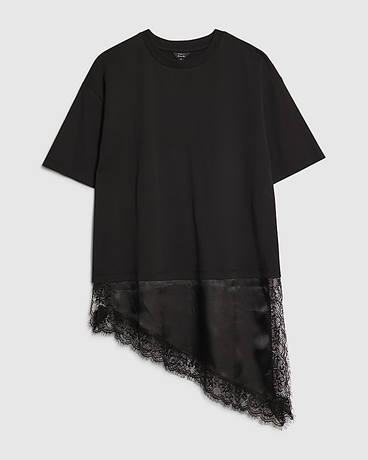 Black Lace Hem Aysmmetric T-Shirt